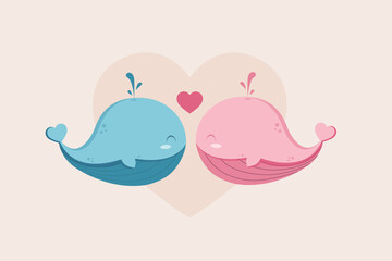 Couple whale kissing with heart.In concept of love, valentines day. Vector illustration design.Postcard
