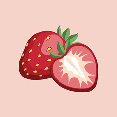 Bright natural strawberries isolated on beige. Whole strawberry and sliced half of strawberry. Vector illustration of fresh farm organic berries, used book, poster, menu cover.