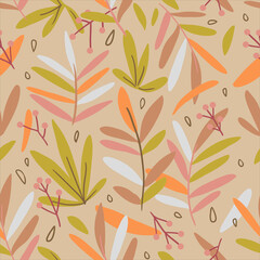 seamless pattern trendy leaves, botanical vector nature illustration