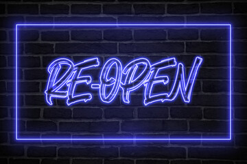 open neon sign. blue glow. neon text. Brick wall lit by neon lamps. Night lighting on the wall. Trendy Design. light banner, bright advertisement