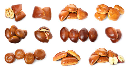 Set with  delicious baked pirozhki on white background