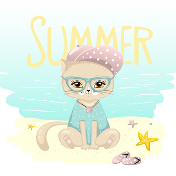 Hello Summer. Cute cartoon cat character in hat and glasses sitting on the beach. Vector illustration