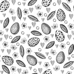 Fototapeta premium Easter seamless pattern. Background of Easter eggs and plants. Hand-drawn in the style of engraving
