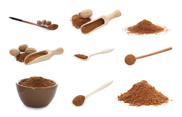 Set with nutmeg powder on white background