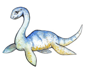 Naklejka premium Cute cartoon dinosaur blue color plesiosaur painted in watercolor isolated on white background