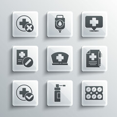 Set Bottle with nozzle spray, Pills in blister pack, Medical prescription and pen, Nurse hat cross, Cross hospital medical, and Map pointer icon. Vector