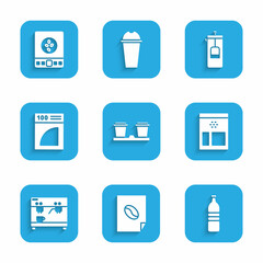 Set Coffee cup to go, poster, Bottle water, Bag coffee beans, machine, paper filter, French press and Electronic scales icon. Vector