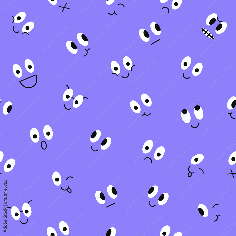 Poster cute minimal seamless pattern with character faces on a blue background. trendy funny cartoon design