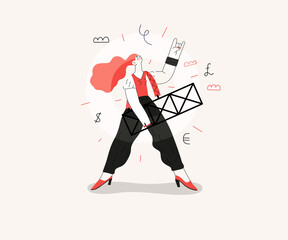 Startup illustration. Flat line vector modern concept illustration of young woman, startup metaphor. Concept of building new business, planning and strategy, teamwork and management, company processes