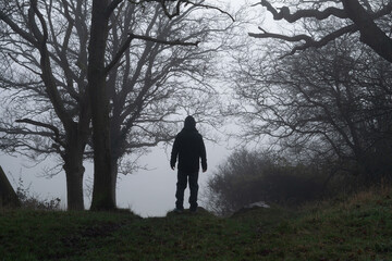 A hooded figure, back to camera standing on the edge of a a forest. On a foggy winters day. - obrazy, fototapety, plakaty
