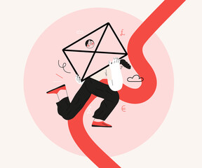 Startup illustration. Flat line vector modern concept illustration of a young man, startup metaphor. Concept of building new business, planning and strategy, teamwork and management, company processes