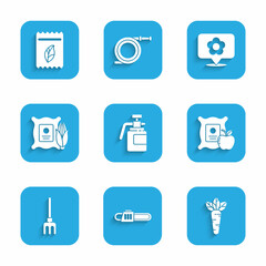 Set Garden sprayer for fertilizer, Chainsaw, Carrot, Apple the sack, rake, Corn, Location with flower and Pack full of seeds of plant icon. Vector