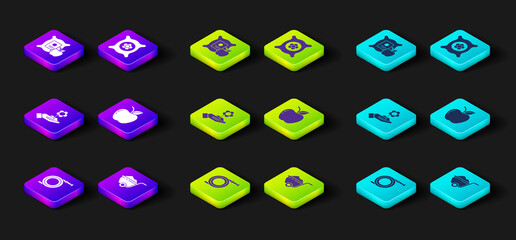 Set Garden hose or fire hose, Wheelbarrow with dirt, Hand holding flower, Apple, Pack full of seeds of plant and the sack icon. Vector