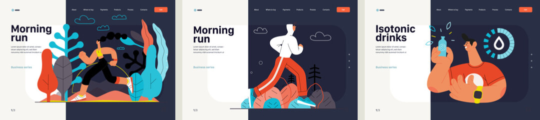 Runners website templates set. Flat vector concept illustrations of athletes running in a park, forest, stadium track or street landscape. Healthy activity and lifestyle. Sprint, jogging, warming up.
