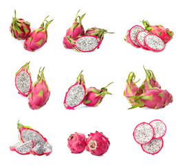 Set with delicious pink dragon fruits (pitahaya) on white background