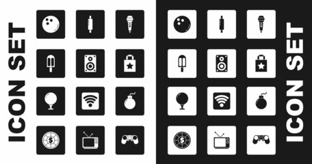 Set Microphone, Stereo speaker, Ice cream, Bowling ball, Paper shopping bag, Rolling, Bomb ready to explode and Golf tee icon. Vector