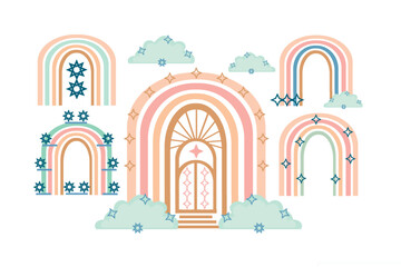 Rainbow Scandinavian, a set of color drawings, with stars, clouds, patterns, on a white background, for design and print