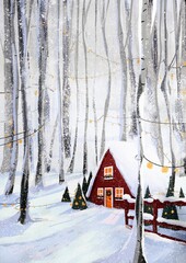 Cozy winter landscape of the forest with a red house and a garland. Winter house with landscape. Cute  illustration Vintage hand-drawn illustration for printing 