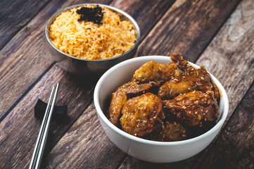 Korean Soy Garlic Chicken with Kimchi Rice on the Side