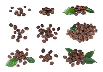 Set with roasted coffee beans on white background