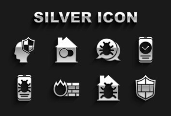 Set Firewall, security wall, Smartphone, Shield with brick, House system bug, System mobile, Head shield and home icon. Vector