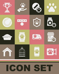 Set Veterinary clinic, Dog medicine bottle, Bag of food, pill, Collar with name tag, Tennis ball, Pet award and Animal health insurance icon. Vector