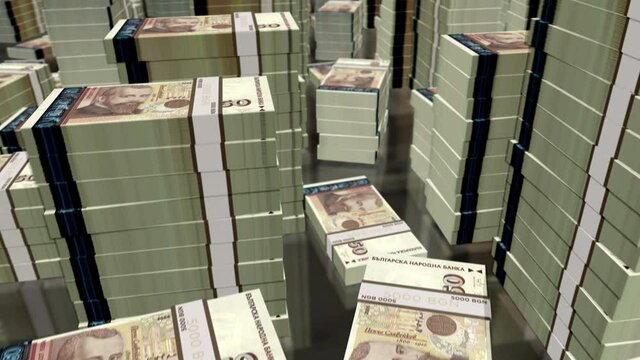Bulgaria leva money notes packs loop. 3D flight over BGN banknotes stacks towers. Loopable seamless abstract background concept of business, economy crisis and finance.