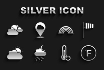 Set Cloud with rain and moon, Cone windsock wind vane, Fahrenheit, Meteorology thermometer, Sun cloud weather, Rainbow, and Location icon. Vector