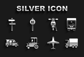 Set Tractor, Delivery cargo truck, Plane, Minibus, Scooter, Road traffic signpost and Speed limit icon. Vector