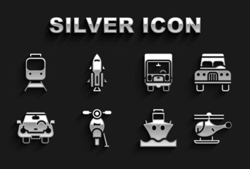 Set Scooter, Car, Helicopter, Cargo ship, Delivery cargo truck, Train and railway and Rocket with fire icon. Vector