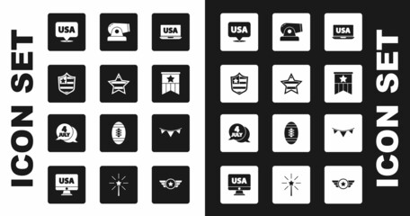 Set USA on laptop, Independence day, Shield with stars, American flag, Cannon, Carnival garland flags and icon. Vector