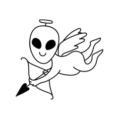 A doodle-style alien in love. Contour vector drawing of a cute extraterrestrial humanoid. Space Character
