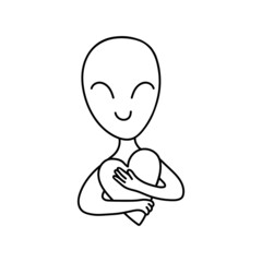 A doodle-style alien in love. Contour vector drawing of a cute extraterrestrial humanoid. Space Character