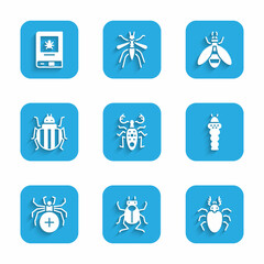 Set Beetle deer, bug, Larva insect, Spider, Colorado beetle, and Book about icon. Vector