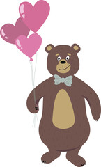 Isolated bear with pink heart-shaped balloons congratulates on valentine's day. Cartoon design. Vector illustration. 