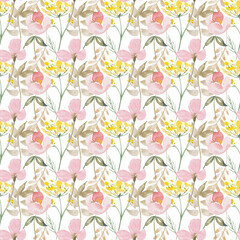 Watercolor botanical seamless pattern Delicate meadow wildflowers. Hand drawn Floral print. For birthday, wedding card, invitation, happy easter, mother day, linen, wrapping paper, wallpaper, textile.