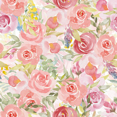 Watercolor botanical seamless pattern wild flowers and garden plants. Hand drawn leaves, pink flowers, herbs and natural elements. For birthday, wedding card, love, invitation, greeting, mother day.