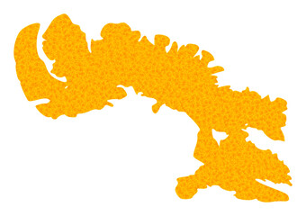 Vector Golden map of Baffin Island. Map of Baffin Island is isolated on a white background. Golden particles pattern based on solid yellow map of Baffin Island.