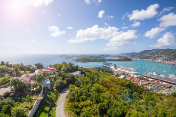 Fototapeta premium Landscape View of the City and cruise port, Caribbean, St Thomas, U.S. Virgin Islands, 