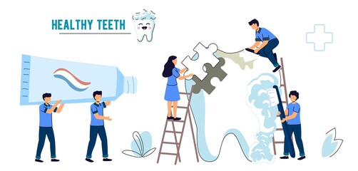 Dentist checkup Stomatology Dental Care flat vector illustration concept Dentistry work Tiny people caring for a tooth Protect human teeth from caries and health prevention Hygiene technology