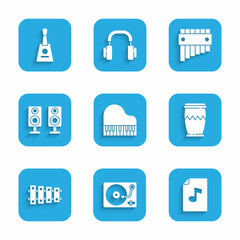 Set Grand piano, Vinyl player with vinyl disk, Music book note, Drum, Xylophone, Stereo speaker, Pan flute and Balalaika icon. Vector