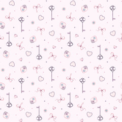 Watercolor seamless wedding day pattern with key, brooch, heart, pendant, bow, ribbon. For baby shower party, clothes, bachelorette party, valentine cards, linen, wrapping paper, wallpaper, textile.
