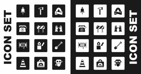 Set Campfire, Road barrier, Telephone call 911, Ringing alarm bell, Firefighter gloves, axe, shovel and hose reel icon. Vector