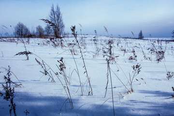 winter day landscape, snow hills and nature