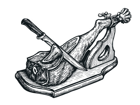 Jamon hand drawn sketch illustration. Farm pork meat engraving vector