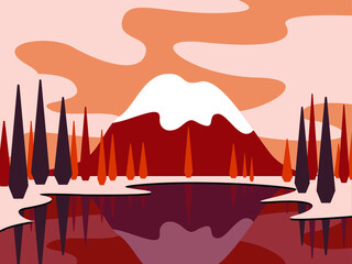 Vector graphics - a beautiful romantic landscape - a mountain with a snowy peak on the shore of a lake with reflection and silhouettes of cypresses. Concept - the beauty of nature