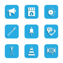 Set Ringing alarm bell, Traffic cone, Fire hose reel, Telephone call 911, sprinkler, Metal pike pole, and Megaphone icon. Vector