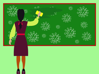 Vector graphics - a brunette teacher stands and wipes the coronavirus molecules drawn with chalk from a green blackboard with a rag. Concept stop covid-19 or back to school