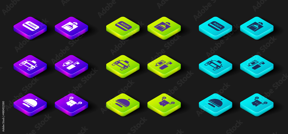 Sticker Set Covered with tray, Toilet paper roll, Taxi car, Toothbrush and toothpaste, Lift and Hotel key card icon. Vector