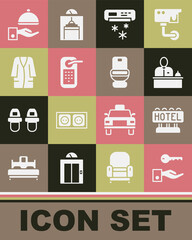 Set Hotel door lock key, Signboard with text, reception desk, Air conditioner, Digital, Bathrobe, Covered tray and Toilet bowl icon. Vector